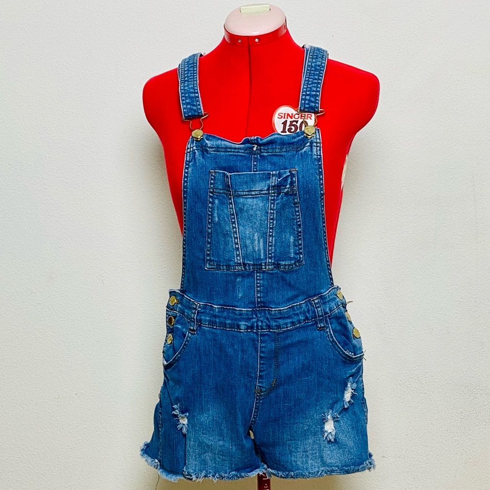 Blue Distressed Denim Overalls- (EUC) L